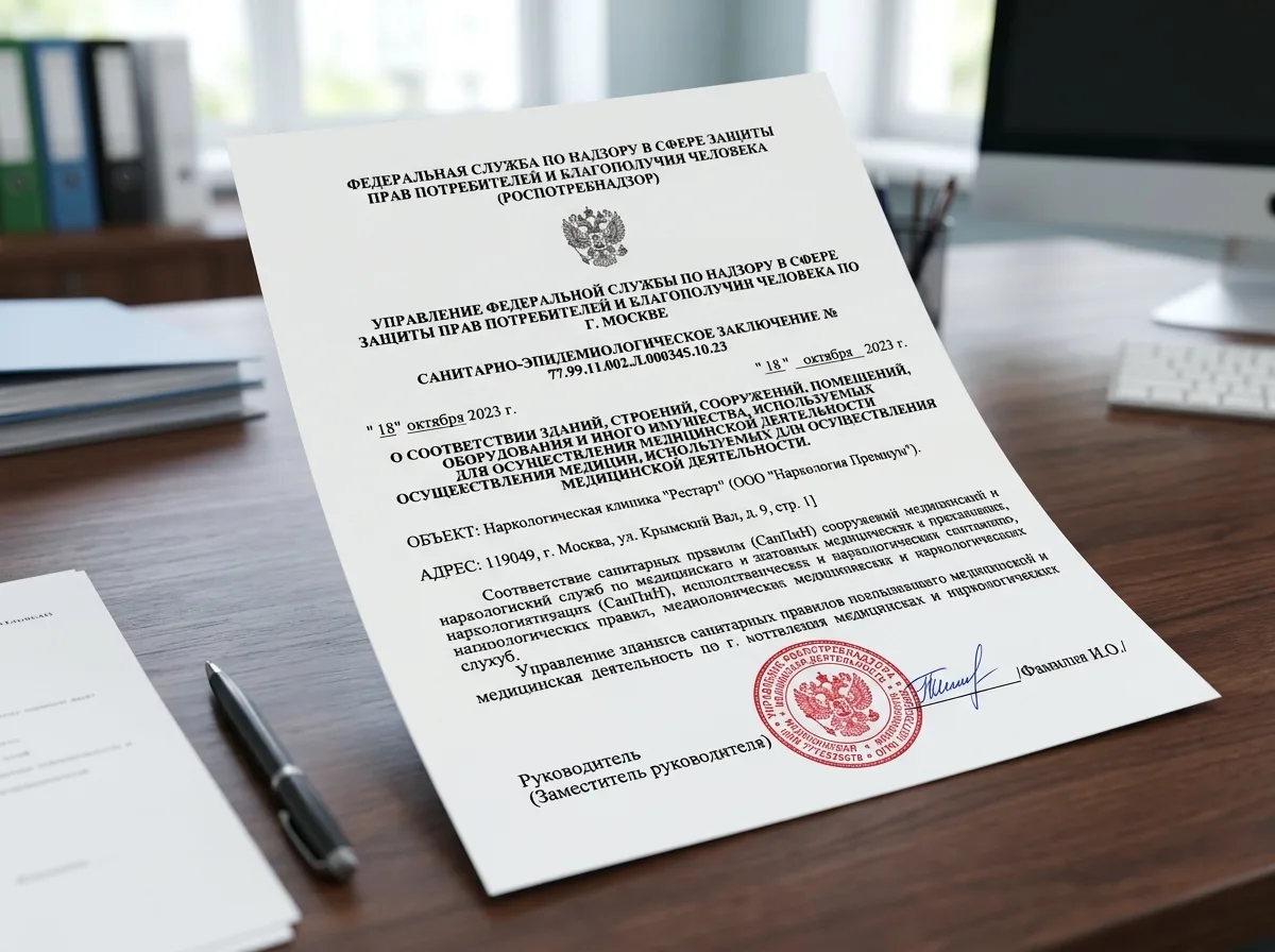 Санитарно-эпидемиологическое заключение Роспотребнадзора для наркологической клиники, официальный бланк с гербовой печатью, медицинский документ